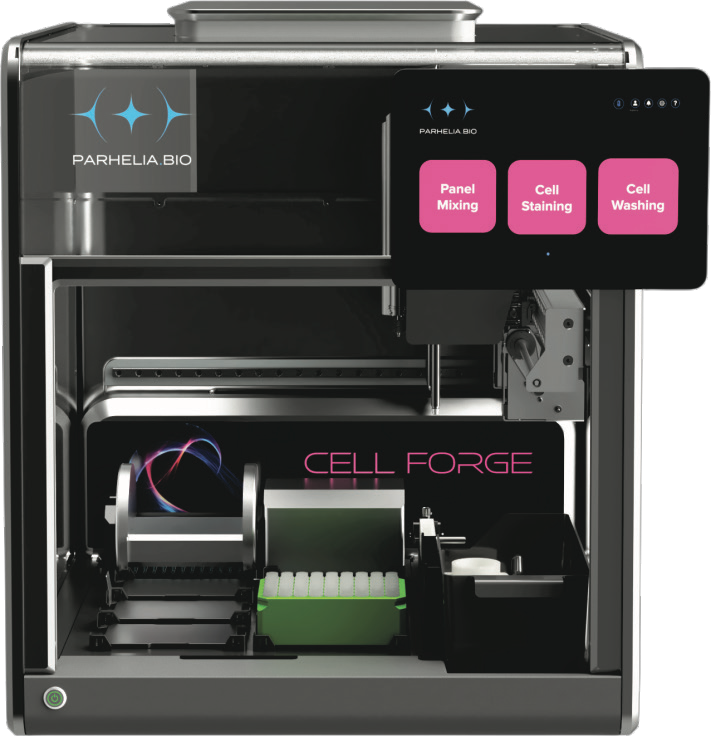 The Cell Forge™ benchtop instrument, open, showing its deck, tube racks and touchscreen
