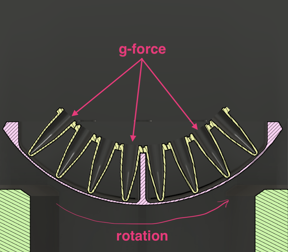 Engineering cross-section through the Celltrifuge™ rotor: sample tubes splayed along the rotor's curve with the Flare-Plate bent to follow the arc, annotated with arrows showing g-force pointing into each tube and the direction of rotation