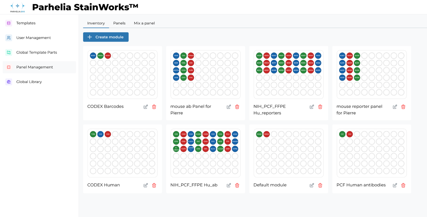 The StainWorks panel management screen, showing stored antibody modules laid out as 96-well plate maps